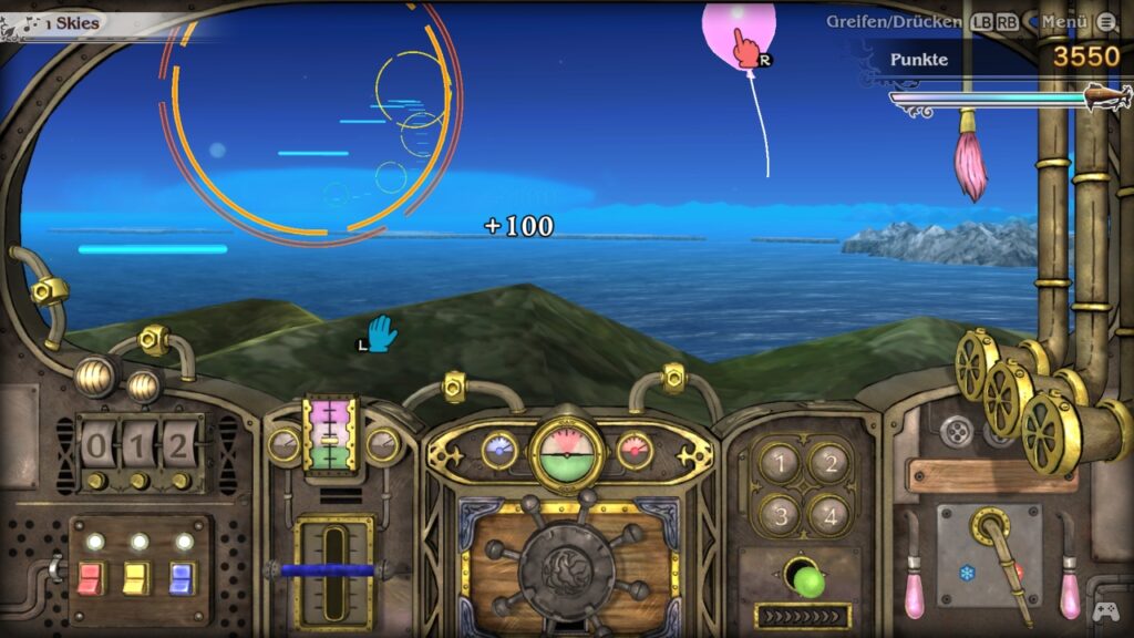 Screenshot Bravely Default, Luftschiff-Minispiel mit dem Auftrag, einen Ballon platzen zu lassen, während ein zu durchfliegender Ring nicht mehr im Zentrum des Blickfelds ist.
