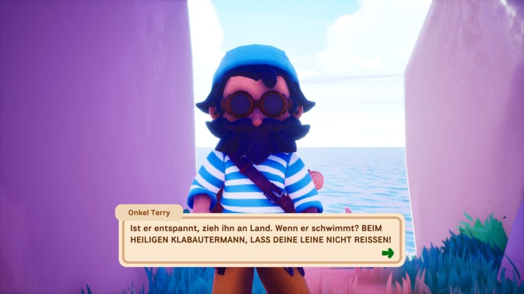 Onkel Terry: "Ist er entspannt, zieh ihn an Land. Wenn er schwimmt? BEIM HEILIGEN KLABAUTERMANN, LASS DEINE LEINE NICHT REISSEN!"