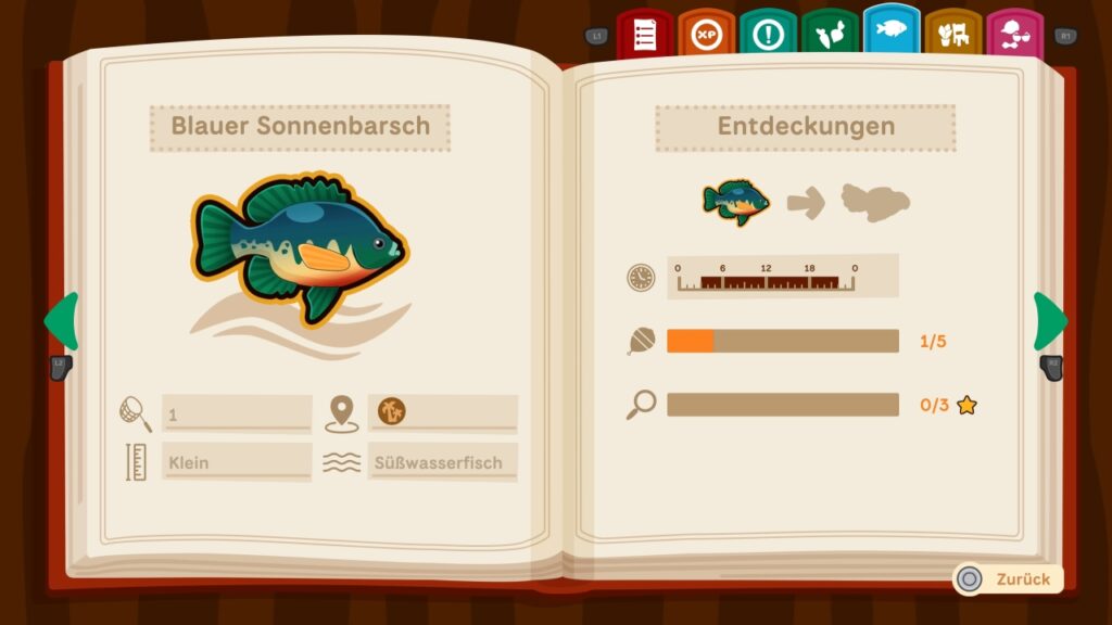 Eine Seite im Notizbuch in Collector's Cove zum Blauen Sonnenbarsch mit Angaben zu Fundort und Voraussetzungen für Köderrezept und mythische Voraussetzungen.