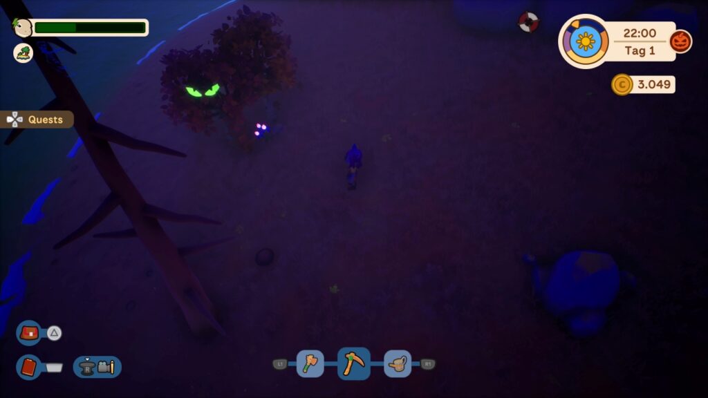 Düsteres Gebiet in Collector's Cove mit leuchtenden grünen Augen in einem Baum.