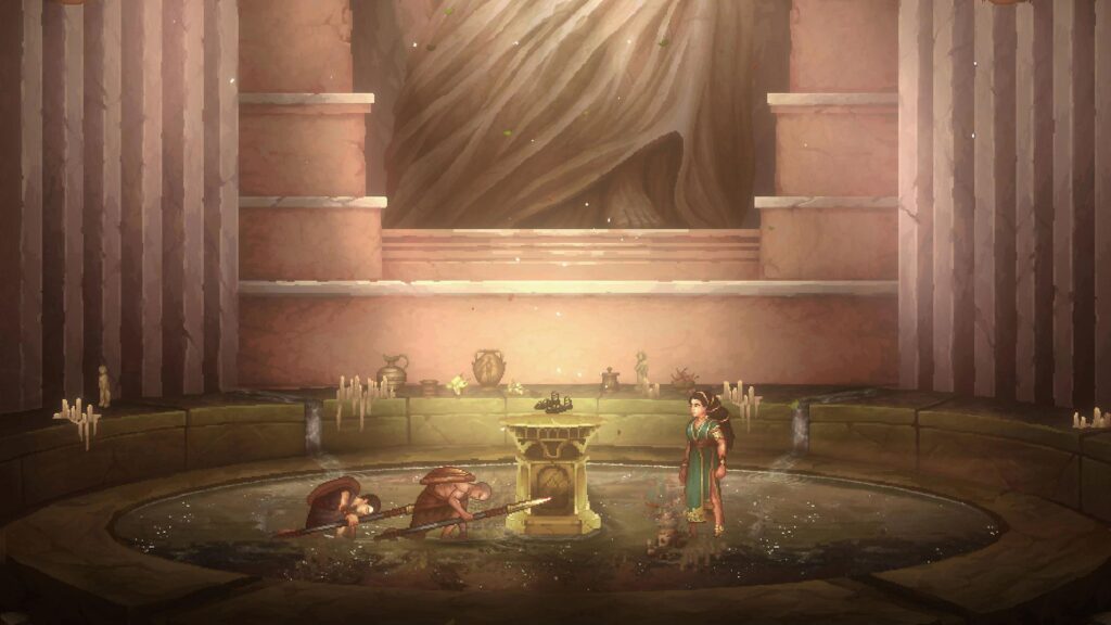 Screenshot aus God of War: Sons of Sparta. Zeigt einen Moment in einem Göttertempel, bei dem Kratos und Deimos sich verneigen.