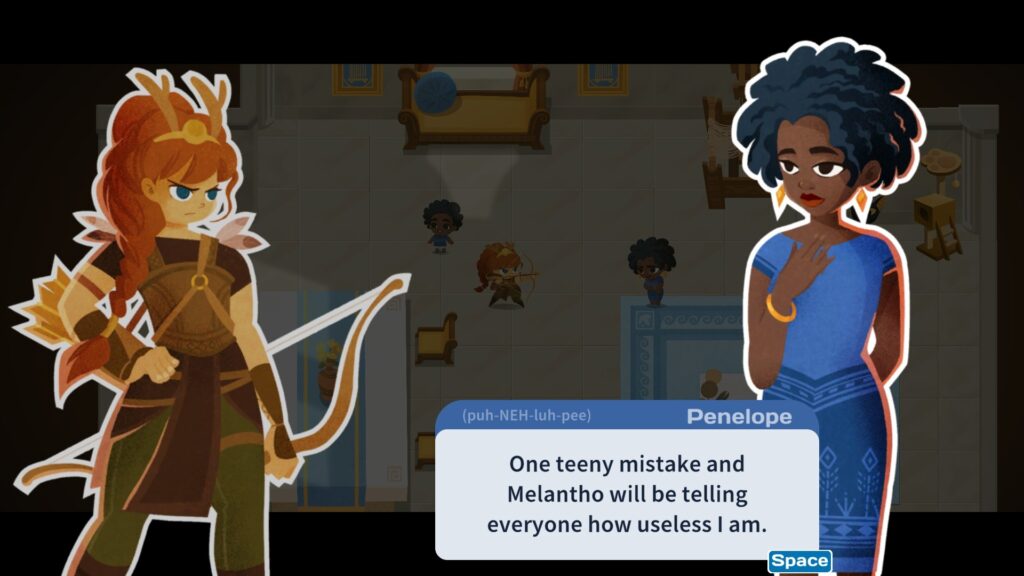Screenshot Mythmatch. Penelope (puh-NEH-luh-pee): "One teeny mistake and Melantho will be telling everyone how useless I am."