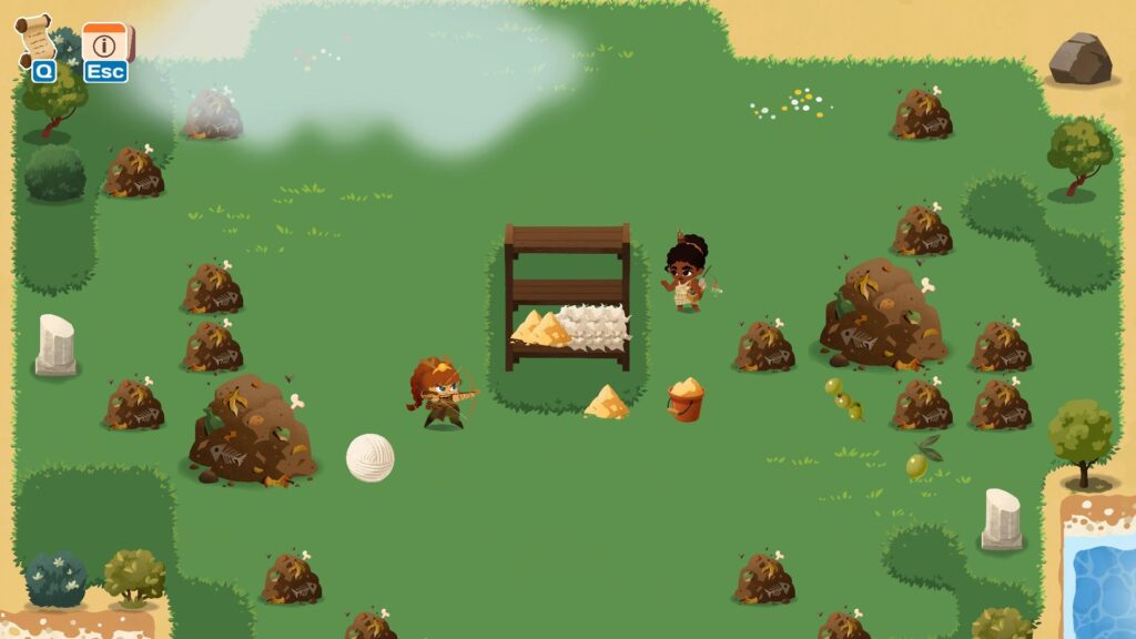 Screenshot Mythmatch mit Lagerregal und Dreckhaufen in der Umgebung