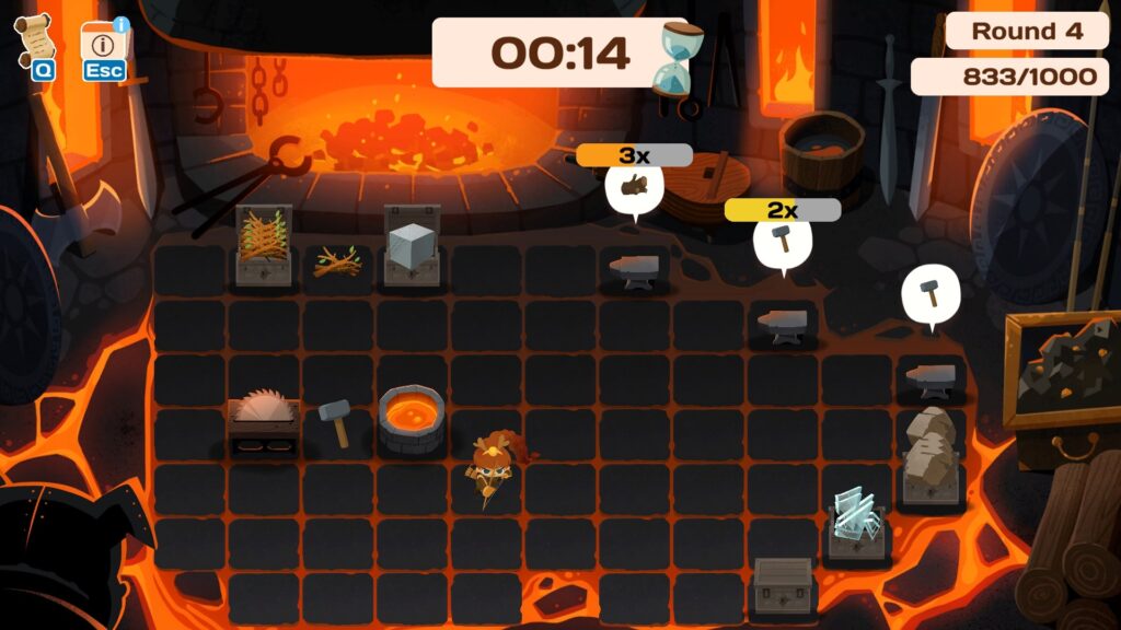 Minispiel von Hephaestus in Mythmatch. Oben ist ein Timer für die Spielzeit, rechts sind gewünschte Objekte mit Zeitmultiplikatoren, bei denen der Balken abnimmt und die Multiplikation sinkt.