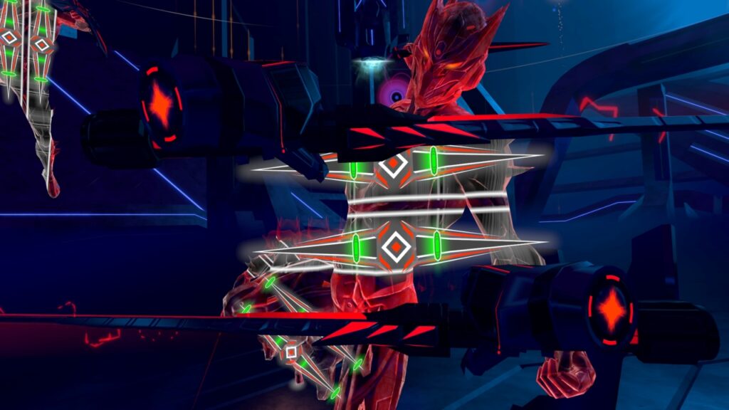 Angriff mit zwei Schwertern in RAGER. Schnitte müssen hier seitwärts durchgeführt werden, wobei die linke Hand oben kurz davor ist, von rechts nach links zu schneiden, und die rechte Hand darunter von links nach rechts.