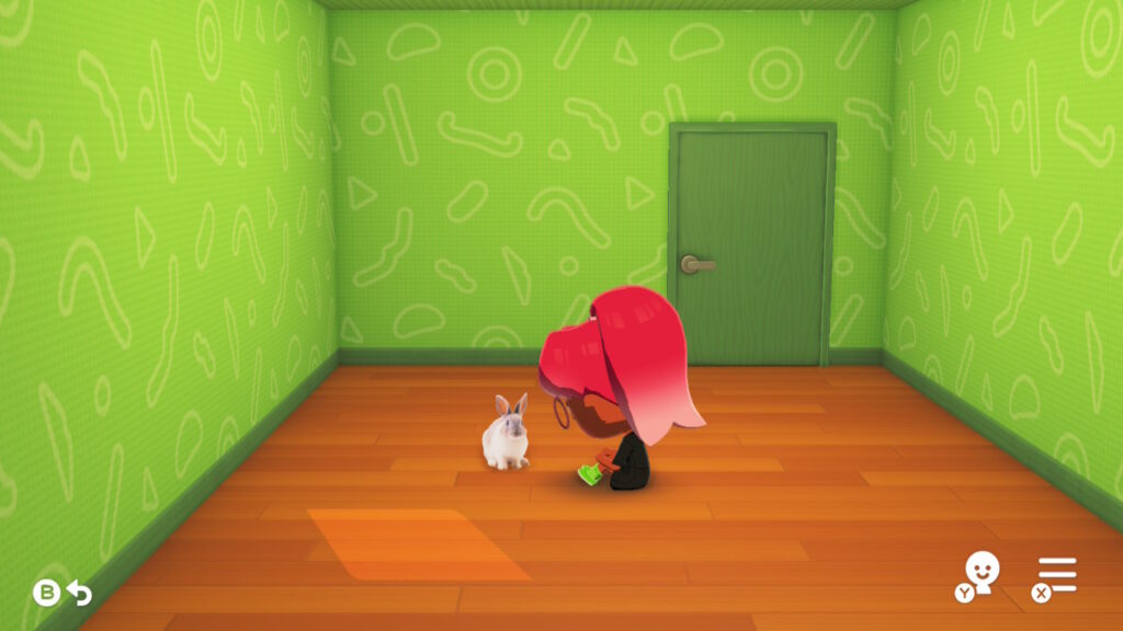 Mii sitzt im leeren Raum, vor sich ein fotorealistisches Kaninchen.