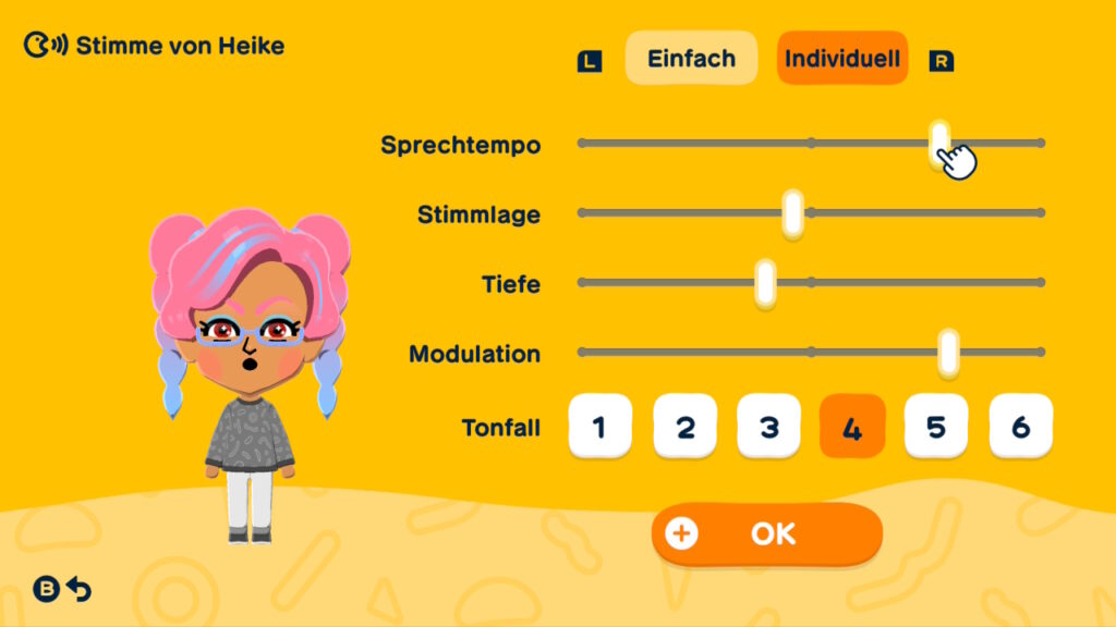 Stimmauswahl in Tomodachi Life mit Detaileinstellungen für Sprechtempo, Stimmlage, Tiefe, Modulation und Tonfall.