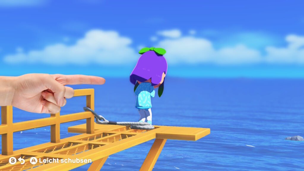 Magdalena auf dem Steg, von links eine fotorealistische Hand, B für zurück und A für leicht schubsen.