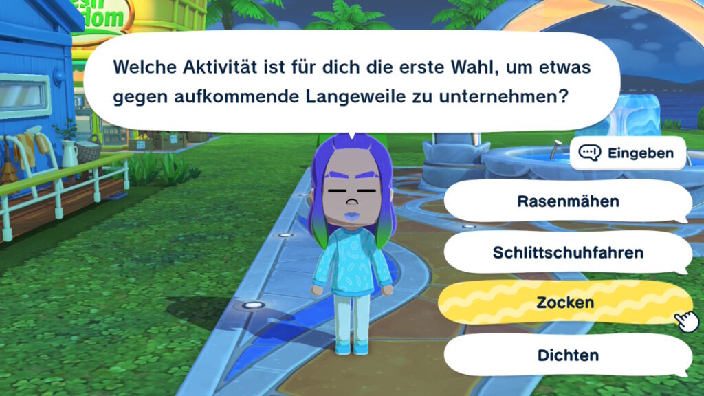 "Welche Aktivität ist für dich die erste Wahl, um etwas gegen aufkommende Langeweile zu unternehmen?" - Rasenmähen, Schlittschufahren, Zocken, Dichten; eine eigene Eingabe ist auch möglich.