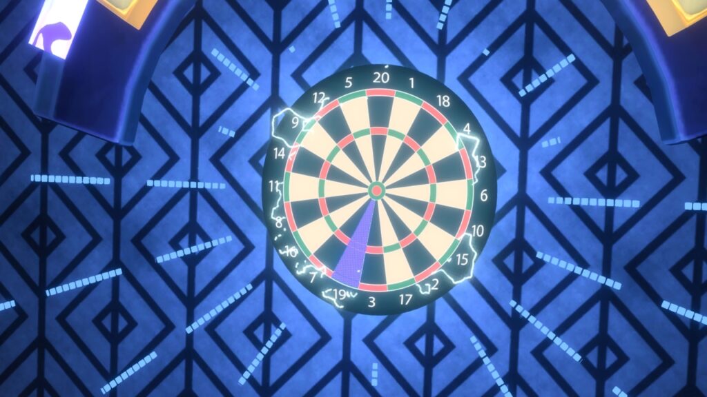 Elektroblitze und eine violett markierte 19 auf der Dartscheibe in Darts VR2.