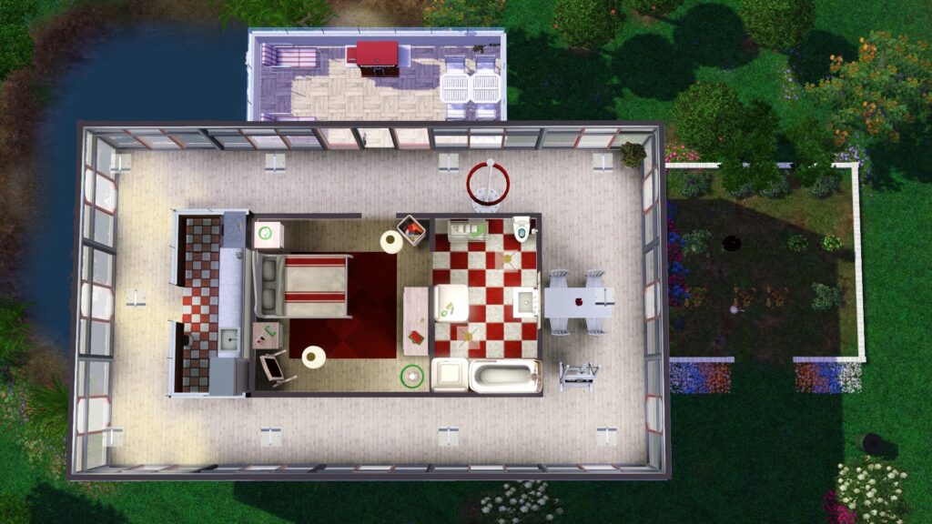 Blick von oben auf das Stockwerk. oben ein schmaler Balkon mit Grill, Sonnenliegen und Tischen. Darunter Das Innere mit Küche, Schlafzimmer, Badezimmer und Esszimmer.