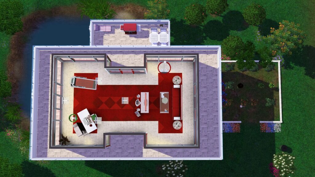 Blick von oben auf das Meditationshaus, oberes Stockwerk.