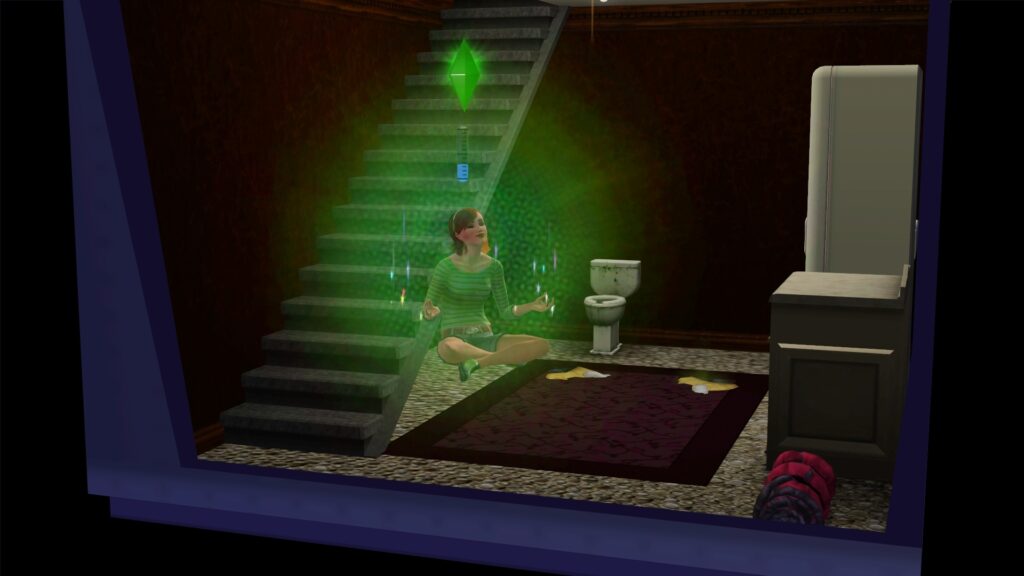 Alexia schwebt in ihrer Meditation im Keller, umgeben von grünem Licht.