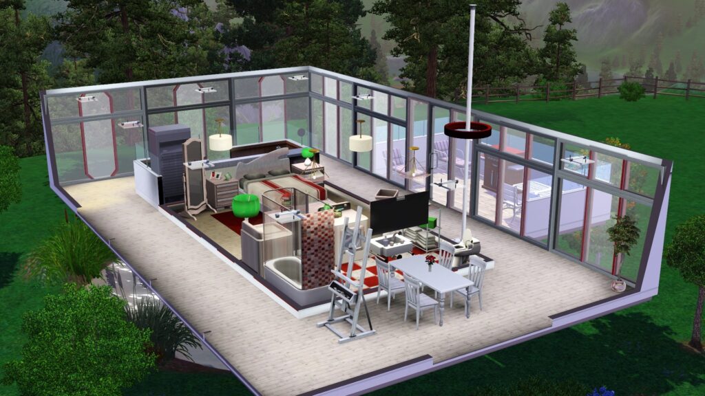 Blick auf das untere Stockwerk mit Staffelei im Fokus. Dahinter Badezimmer, dann Schlafzimmer, dann Küche.