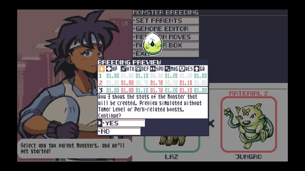 Zuchtvorschau in Monster Crown: Sin Eater mit ausgewählten Werten und Vergleichstabelle.