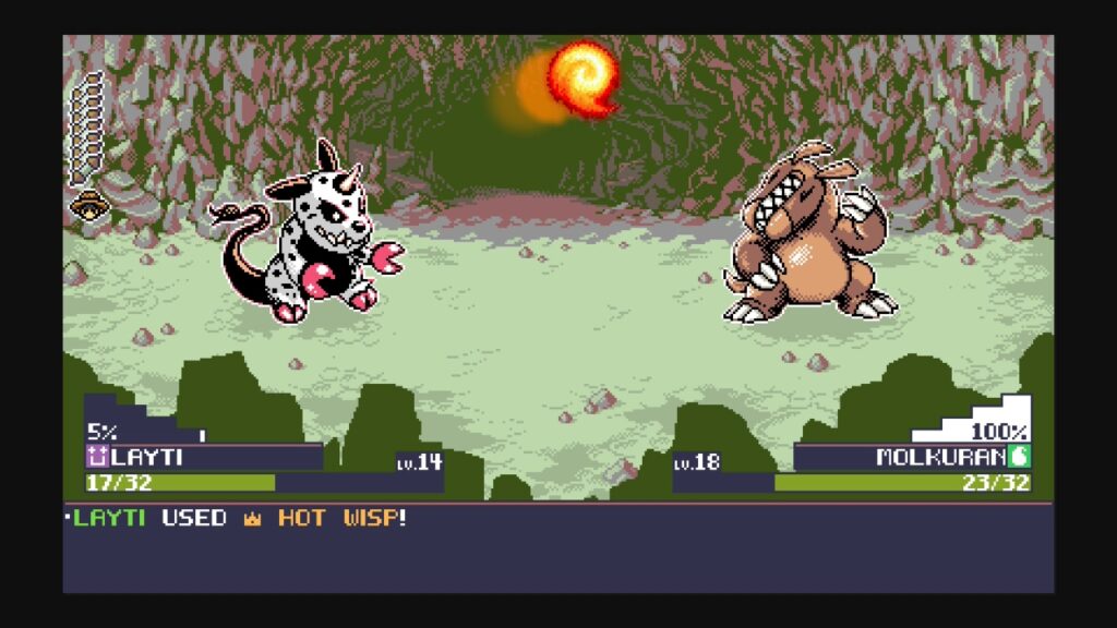 Kampfbildschirm in Monster Crown: Sin Eater. Seitenansicht, Monster stehen sich gegenüber.