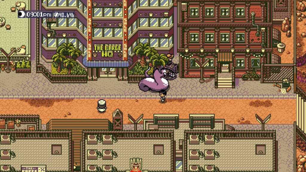 Asur reitet in einer Stadt auf einem Monster; das ist so groß, dass auffällt, dass die Palme hinter ihm teilweise vor ihm ist, Stamm ist hintendran und Krone vor dem Monstersprite.