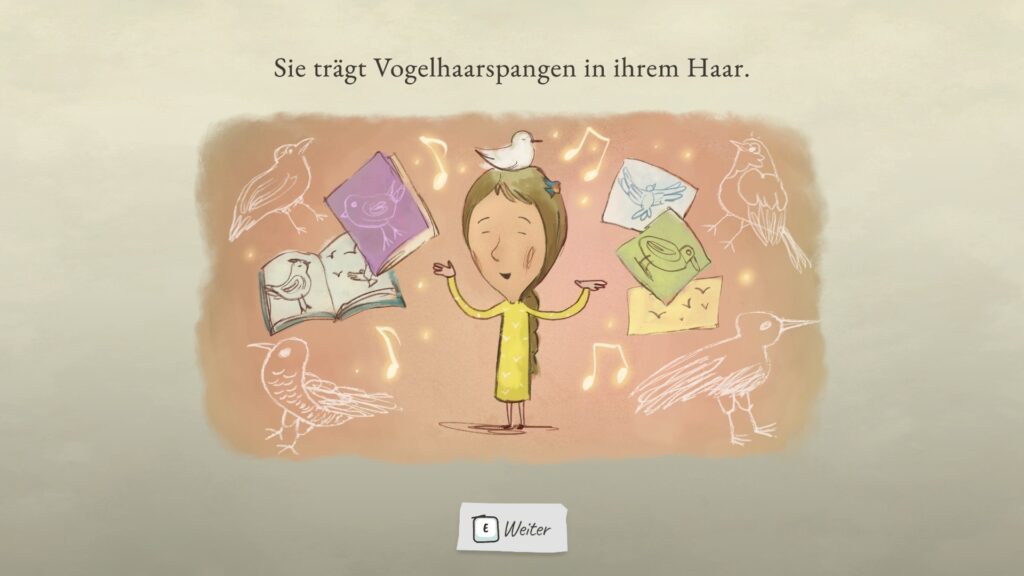 Bild von Sylvia mit Vogel auf dem Kopf, umgeben von gezeichneten Vögeln, Bildern und Heften. Überschrift: "Sie trägt Vogelhaarspangen in ihrem Haar."