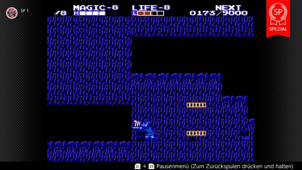 Link in einer Höhle. Es sieht aus, als stünde er in einer Wand und ein Aufzug steckt scheinbar ebenfalls in der Wand.