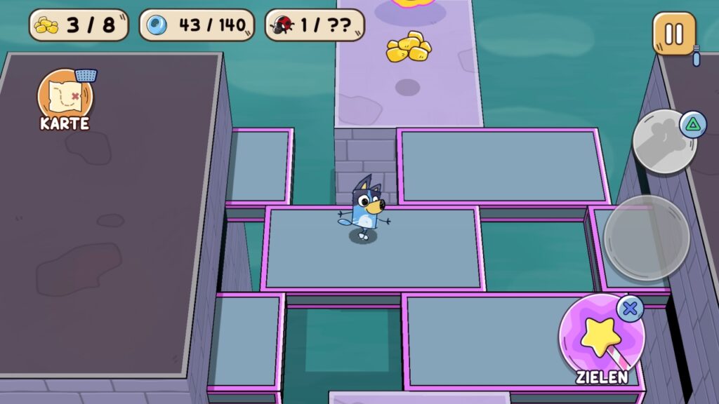 Bluey auf seitlich beweglichen Plattformen, vor ihr eine Portion Gänsefutter.