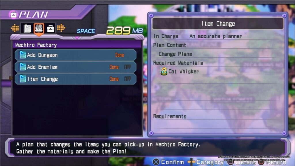 Pläne für das Remake-System in Hyperneptunia Dimension Re;Birth1+