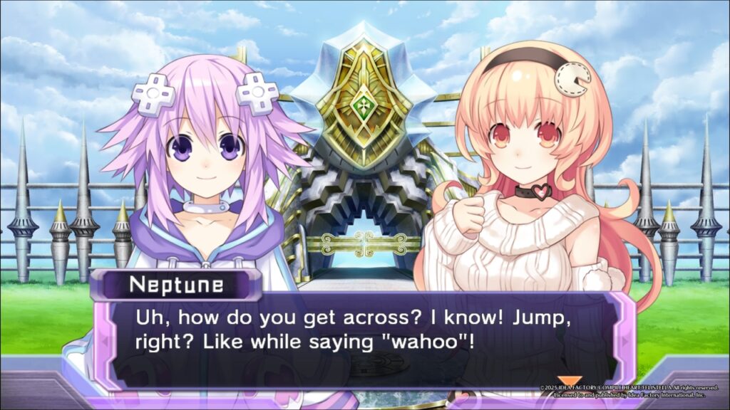 Neptune: "Uh, how do you get across? I know, Jump, right? Like while saying 'wahoo'!"