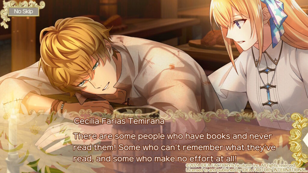 CGI von Adel, der über dem Tisch lehnt, betrübter Gesichtsausdruck, Cecilia neben ihm. Cecilia: "There are some people who have books and never read them! Some who can't remember what they've read, and some who make no effort at all!"