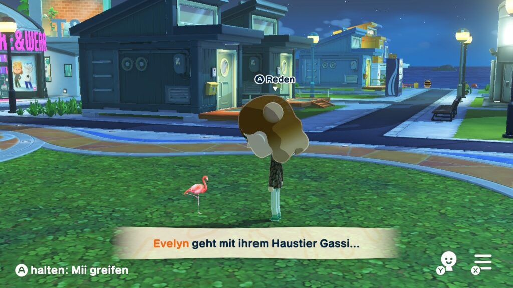 Mii und Flamingo. "Evelyn geht mit ihrem Haustier Gassi ..."