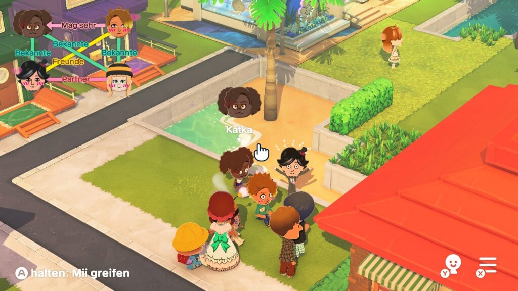 Mii-Charaktere in Tomodachi Life: Wo Träume wahr werden in einer Gruppe auf dem Rasen. Für vier von ihnen werden die gegenseitigen Beziehungen angezeigt.