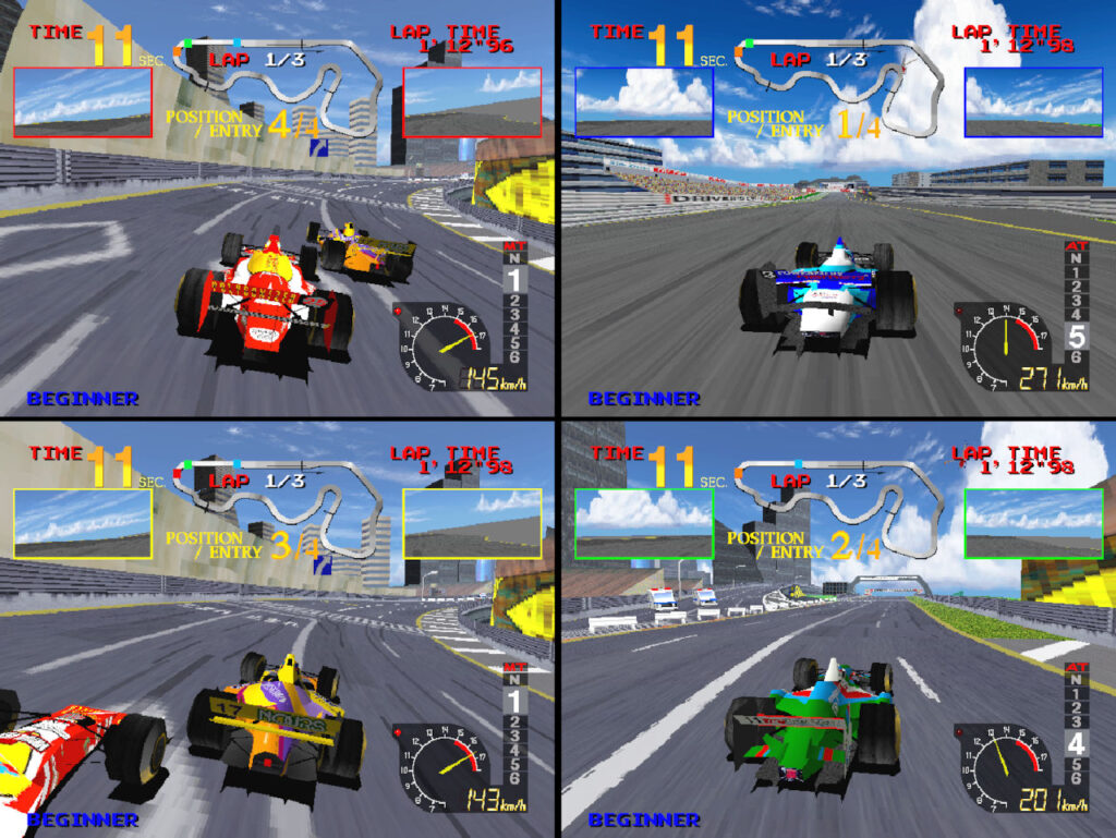 4-Spieler-Splitscreen mit roten, blauen, gelben und grünem Rennwagen