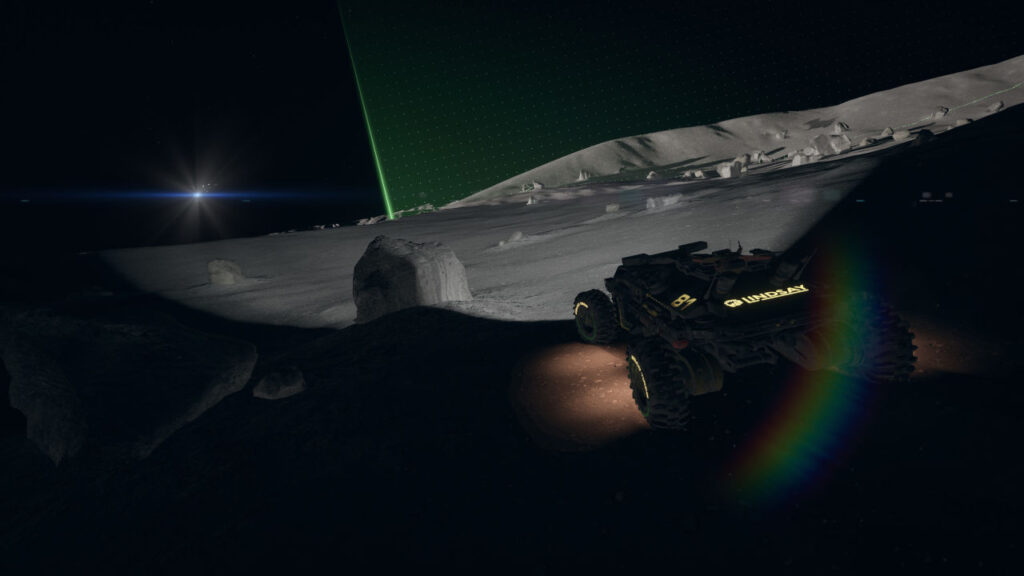 Check-Point-Wand im Hintergrund auf dem dunklen Mond in Exo Rally Championship