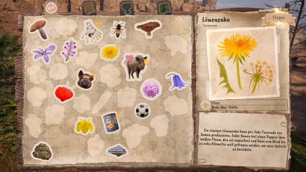 Stickeralbum im Menü von Adorable Adventures. Kurzer Infotext zu Löwenzahn.