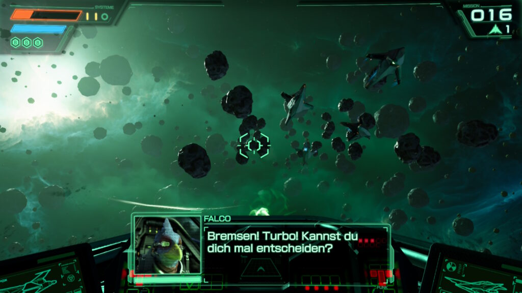 Arwing First Person im Asteroidenschwarm. Falco über Funk: "Bremsen! Turbo! Kannst du dich mal entscheiden?"