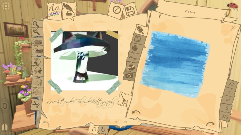 Geöffnetes Scrapbook. Links ein bild von einem Lowpoly-Pilz mit Katzenohren, der leuchtet. Rechts die Dekorationen geöffnet mit einem hellblauen Wasserfarbenhintergrund.