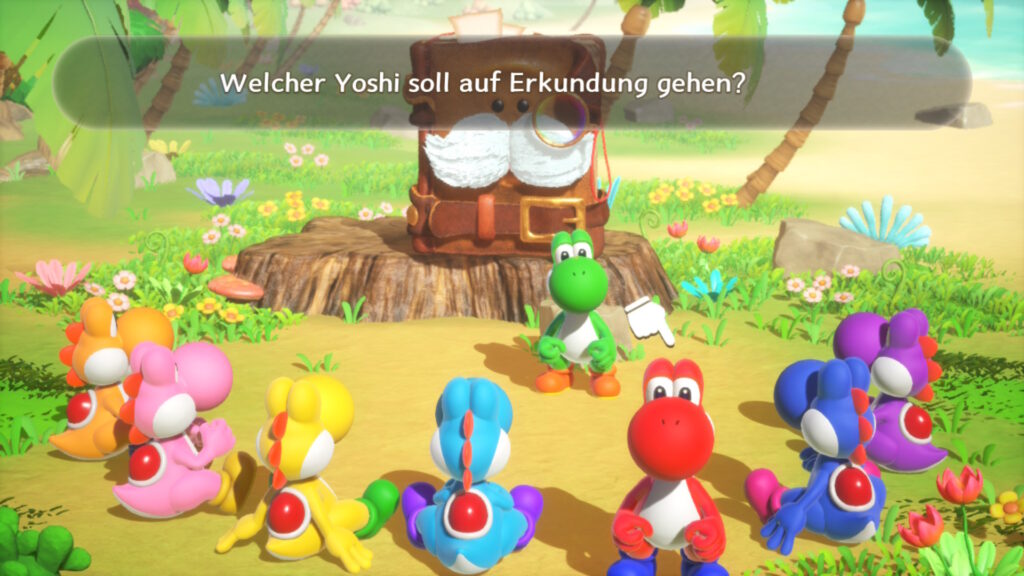 Auswahl der Yoshifarbe in Yoshi and the Mysterious Book. Die Yoshis sitzen im Halbkreis vor dem Buch, der aktuelle steht davor.