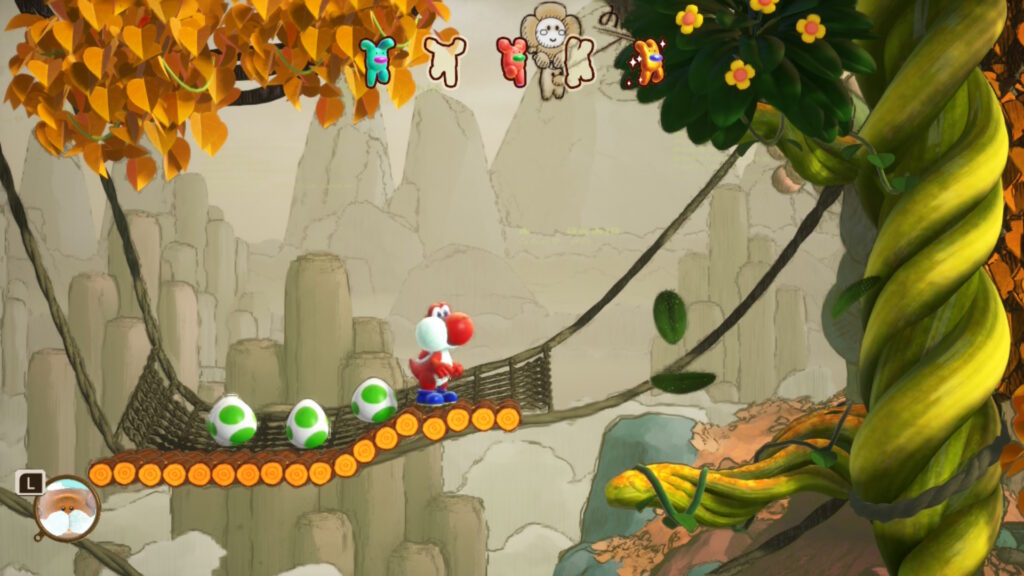 Yoshi steht in einem herbstlichen Wald auf einer Brücke. Oben sind fünf Silhouetten angezeigt, drei davon bereits ausgefüllt.