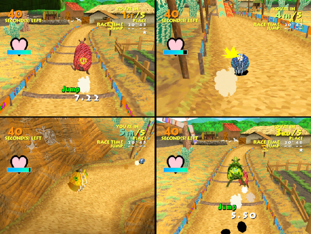4-Spieler Splitscreen mit einem roten, blauen, gelben und grünen Armadillo