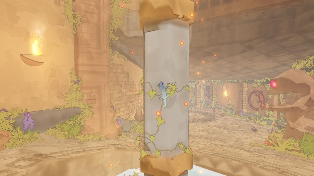 Screenshot von Gecko Gods - ein Gecko klettert eine Säule hoch