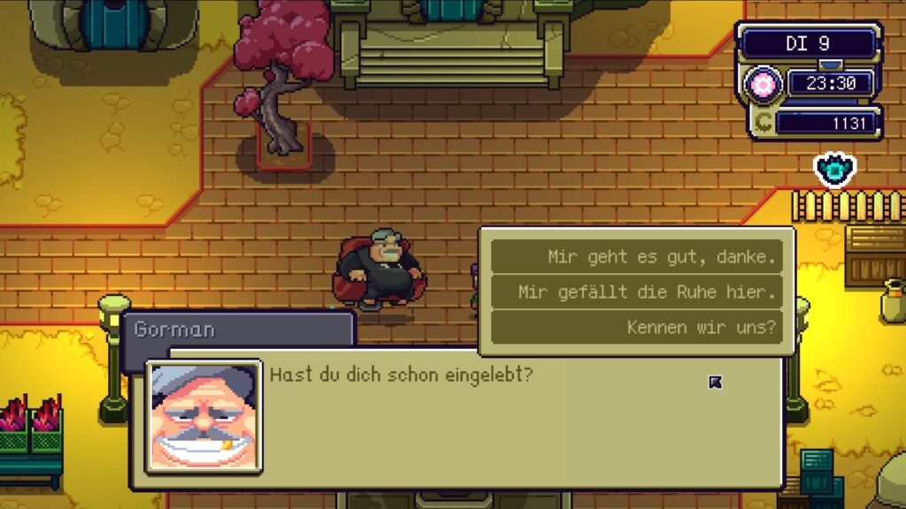 Gorman in Farlands: "Hast du dich schon eingelebt?"
Antwortmöglichkeiten: "Mir geht es gut, danke.", "Mir gefällt die Ruhe hier.", "Kennen wir uns?"