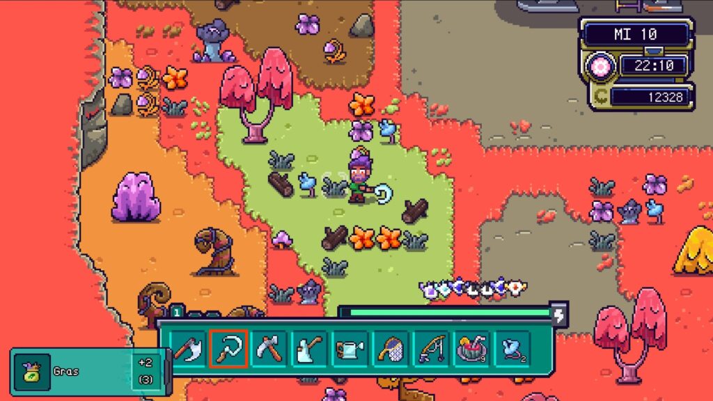 Ein fremder Planet in Farlands mit anderer Farbpalette und anderen Bäumen und Sammelpflanzen.