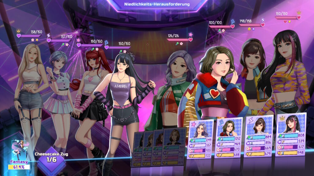 Kampfbildschirm in K-pop Idol Stories mit meinen Trainees rechts, Gegnern links. Unter meinen Trainees sind deren Werte, über allen Mädchen sind Lebenspunkte angezeigt.