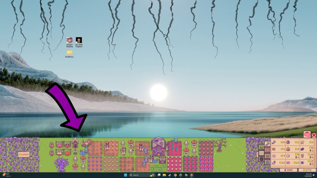 Beispielscreenshot zu Petunia's Purgatory aus dem Press Kit mit Bildschirmhintergrund und Farm unten.