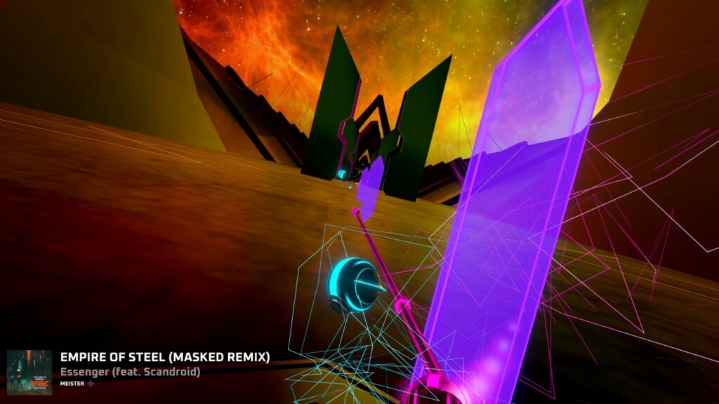 Lineare Strecke in Synth Riders. "Empire of Steel (Masked Remix)" von Essenger (feat. Scandroid)