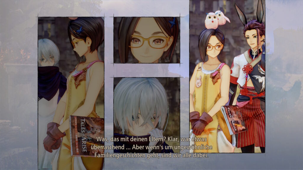 Eine Plauderei in Tales of Arise. Rinwell: "Was, das mit deinen Eltern? Klar, war etwas überraschend ... Aber wenn's um ungewöhnliche Familiengeschichten geht, sind wir alle dabei."