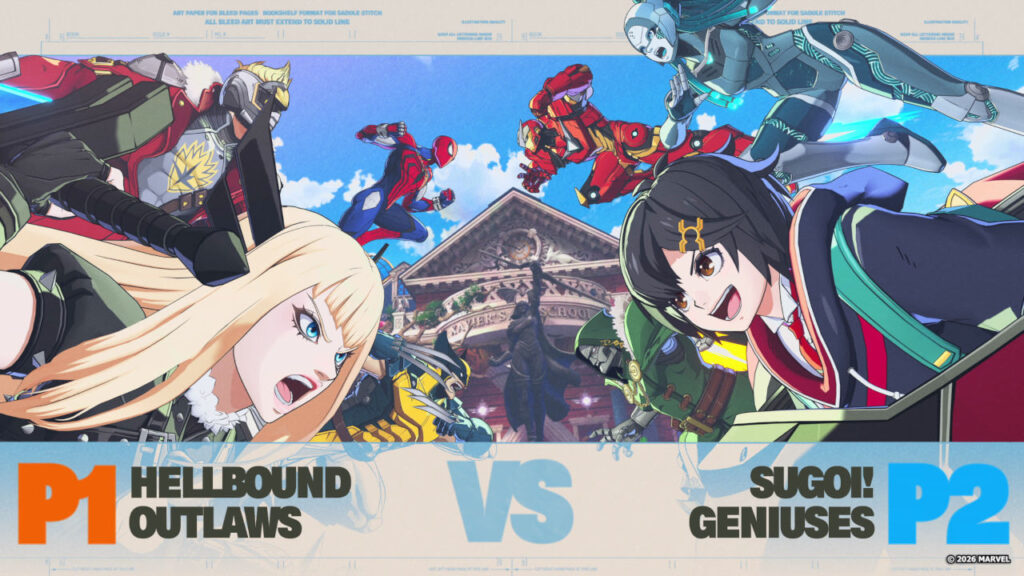 Ladebildschirm in Marvel Tokon, mit den Teams "Hellbound Outlaws" und "Sugoi! Geniuses"