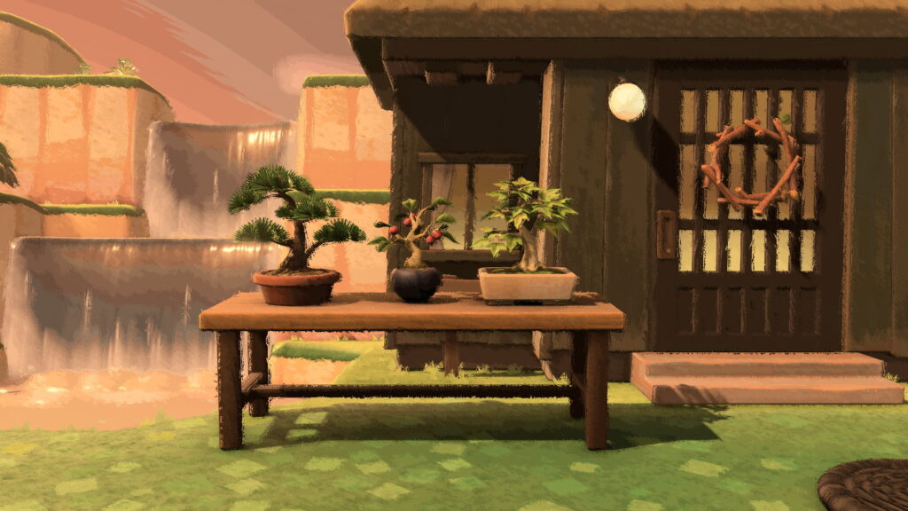 Nahaufnahme des Bonsai-Tischs.