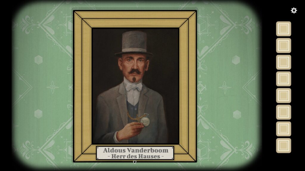 Ein detailliertes Gemälde von Aldous Vanderboom, Herr des Hauses. Er hält eine Taschenuhr in der Hand.