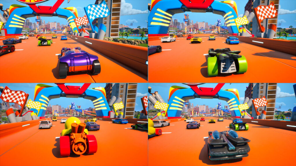 Der Start eines 4-Spieler Splitscreen-Rennens