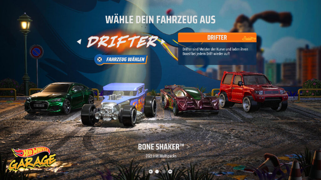 Die anfängliche Auto-Auswahl von Hot Wheels Infinite Rush, der Drifter ist ausgewählt