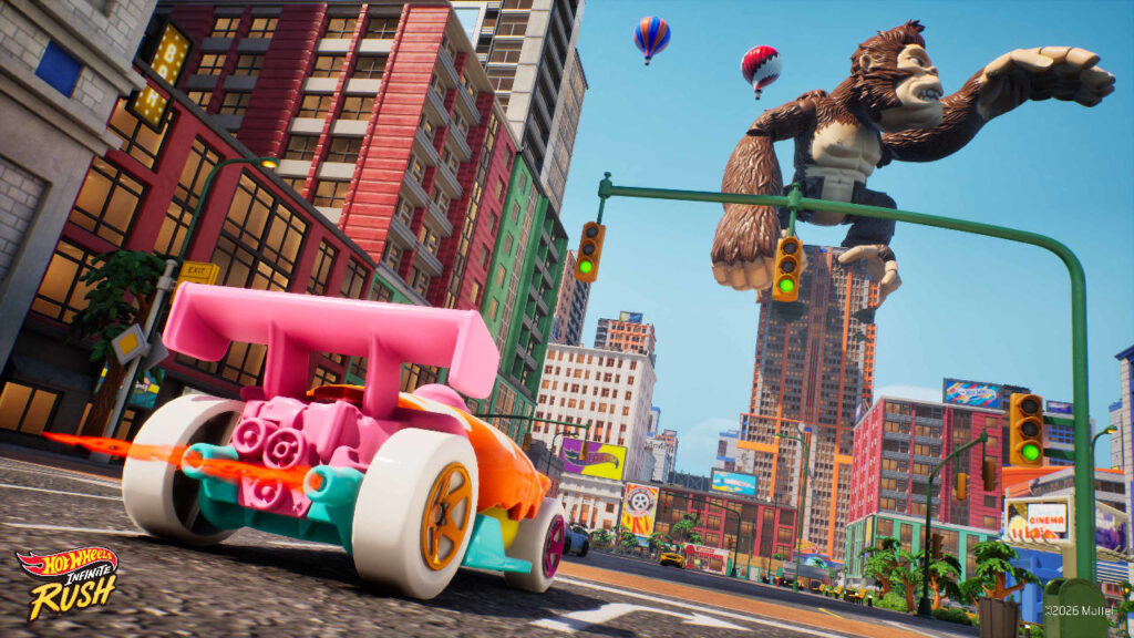 Donut Drifter in der Großstadt mit einem Spielzeug-Gorilla